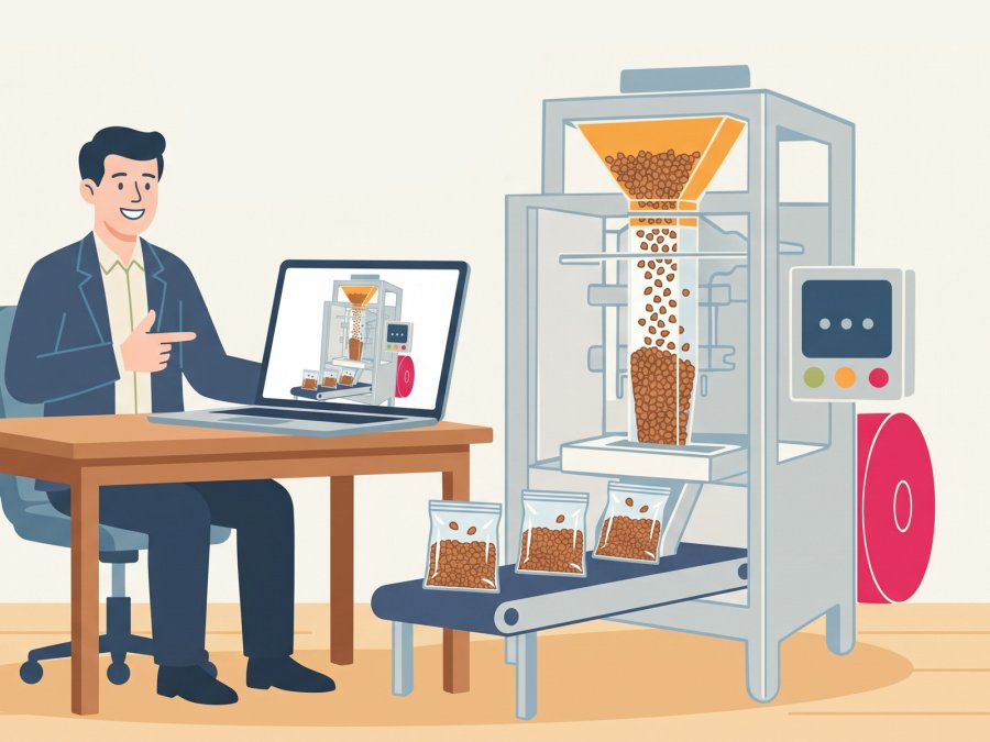 A sales manager at a packaging equipment plant watches a video of the very machine standing next to him